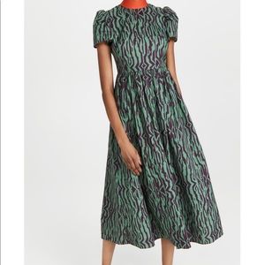 Rhode never been worn Heidi dress, pleated green zebra with orange high neck